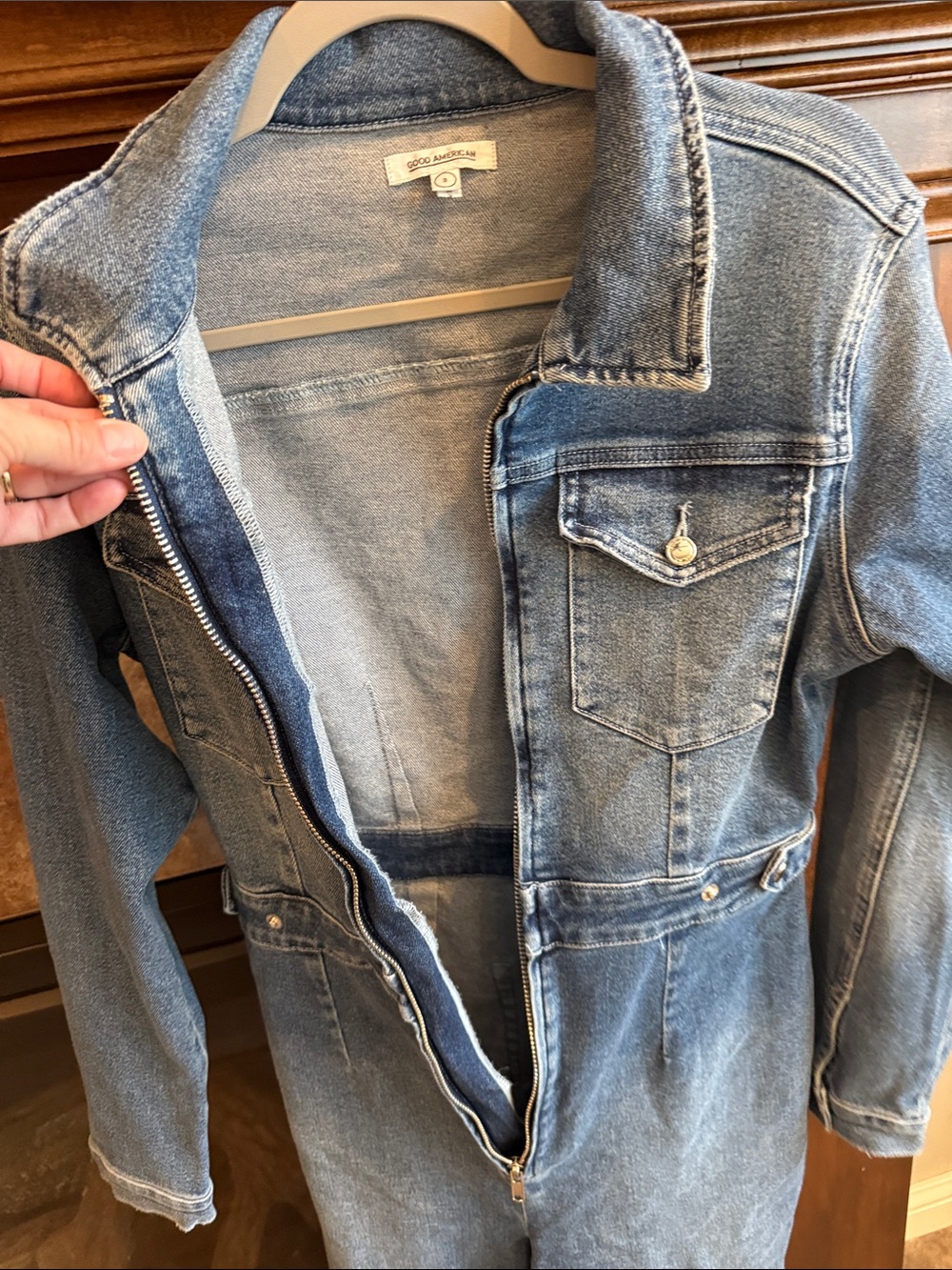 Good American Long Sleeve Denim Jean Jumpsuit Utility Western Size 3 /L - Picture 5 of 11